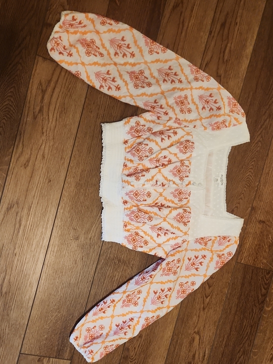Tops - White Cropped Peasant Top with Pink And Orange Floral Print